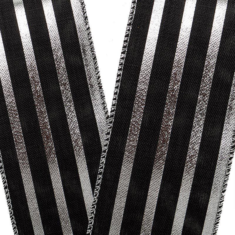 Silver & Black Striped Metallic Wired Ribbon 2 1/2 '' X 10 yd - 1 / ROLL