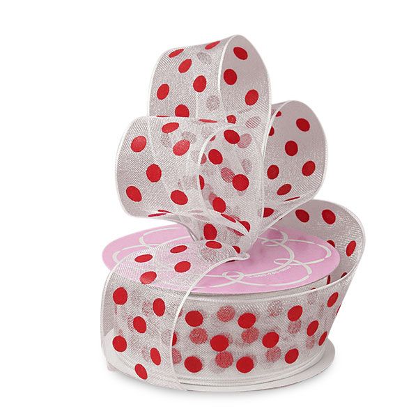Sheer Polka Dot Wired Ribbon 1 1/2 '' X 25 yd White / Red Dot Color 1 / roll