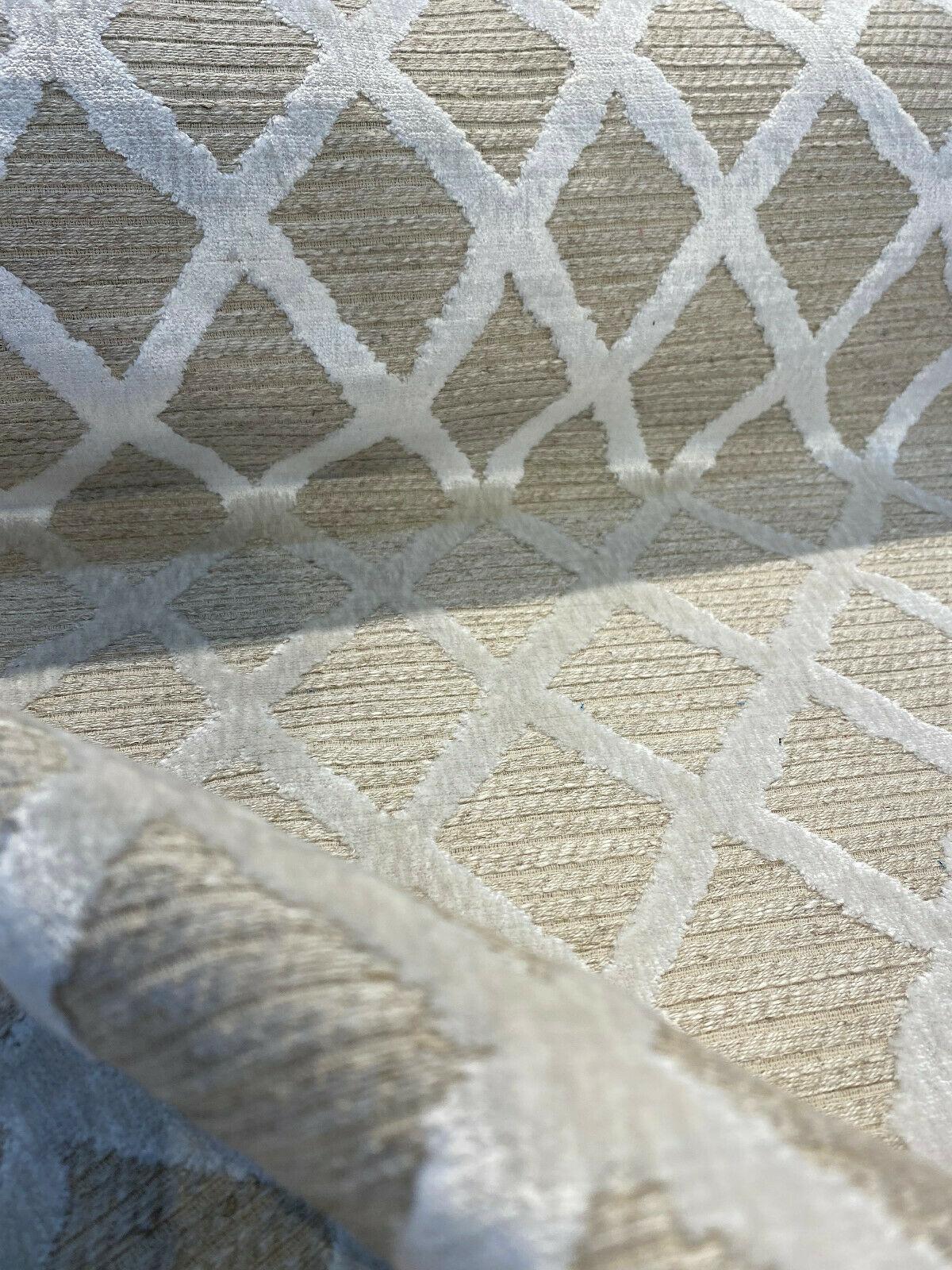 Raised Velvet Chenille Diamond Regis Buff Upholstery Fabric - Beige Background With Raised Ivory Velvet Diamonds, 56" Width (1 Yard)