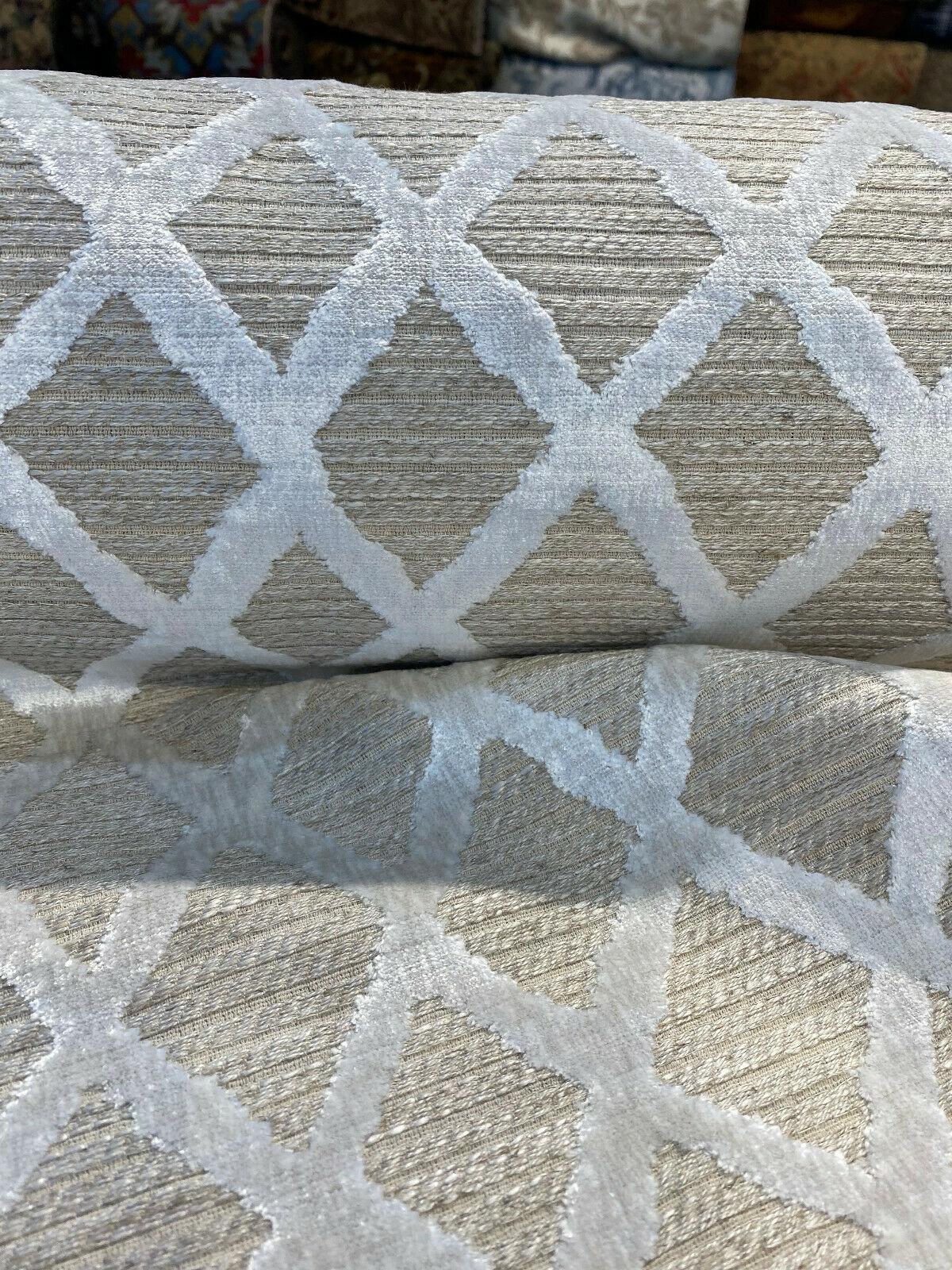 Raised Velvet Chenille Diamond Regis Buff Upholstery Fabric - Beige Background With Raised Ivory Velvet Diamonds, 56" Width (1 Yard)