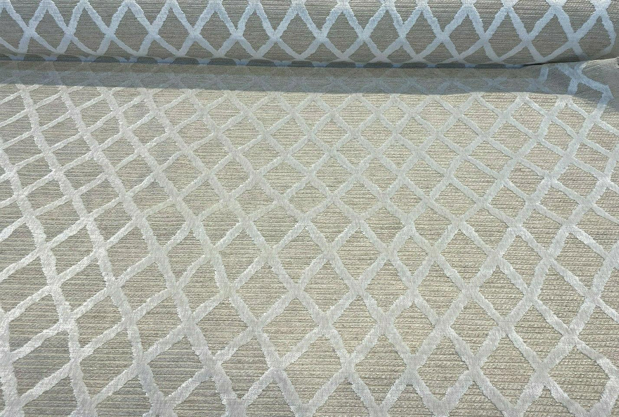 Raised Velvet Chenille Diamond Regis Buff Upholstery Fabric - Beige Background With Raised Ivory Velvet Diamonds, 56" Width (1 Yard)