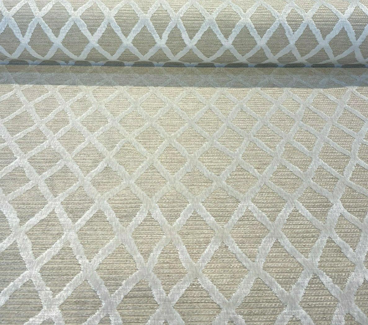 Raised Velvet Chenille Diamond Regis Buff Upholstery Fabric - Beige Background With Raised Ivory Velvet Diamonds, 56" Width (1 Yard)