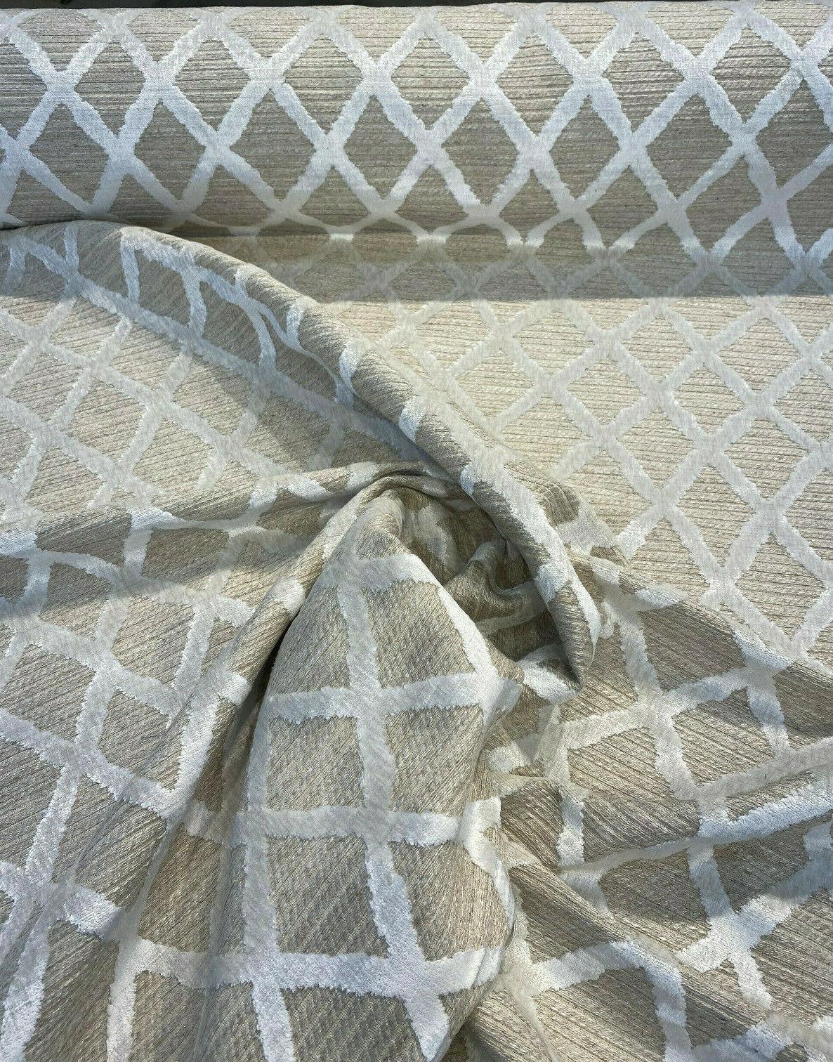 Raised Velvet Chenille Diamond Regis Buff Upholstery Fabric - Beige Background With Raised Ivory Velvet Diamonds, 56" Width (1 Yard)