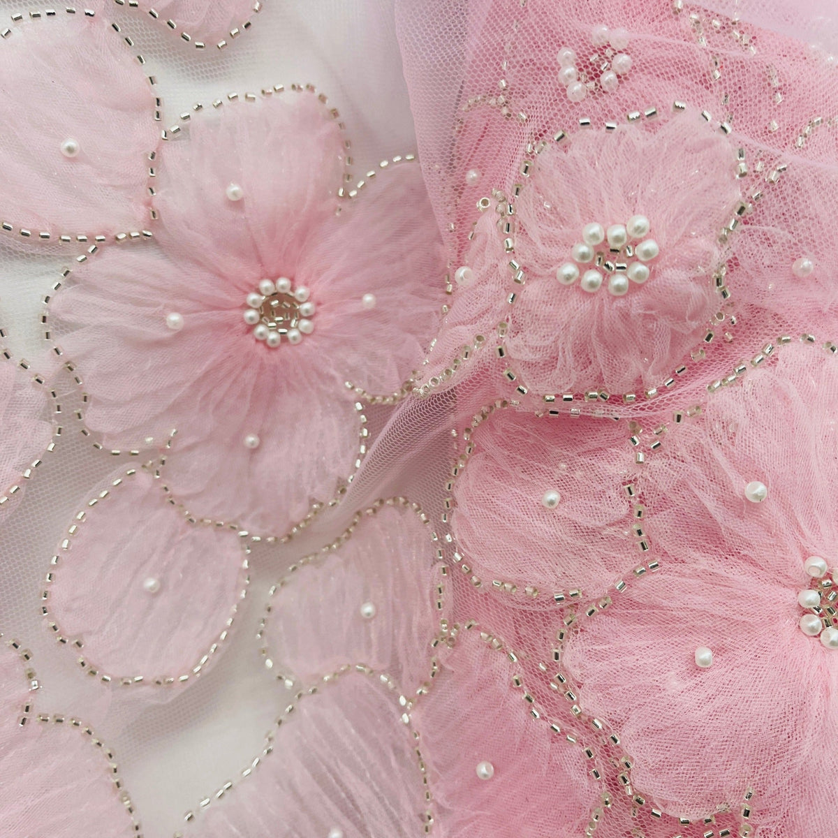 1 Yard 52" Wide Beaded 3D Floral Lace Fabric Embroidered on 100% Polyester Net Mesh