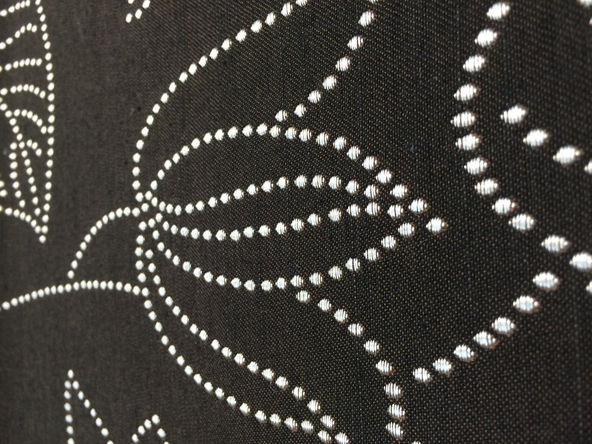 Lotus Of The Night Polyester Cotton Upholstery Fabric - Floral Stitch Bead Embroidery, Brown Black Base With Silver Embroidery, 57" Width (1 Yard)