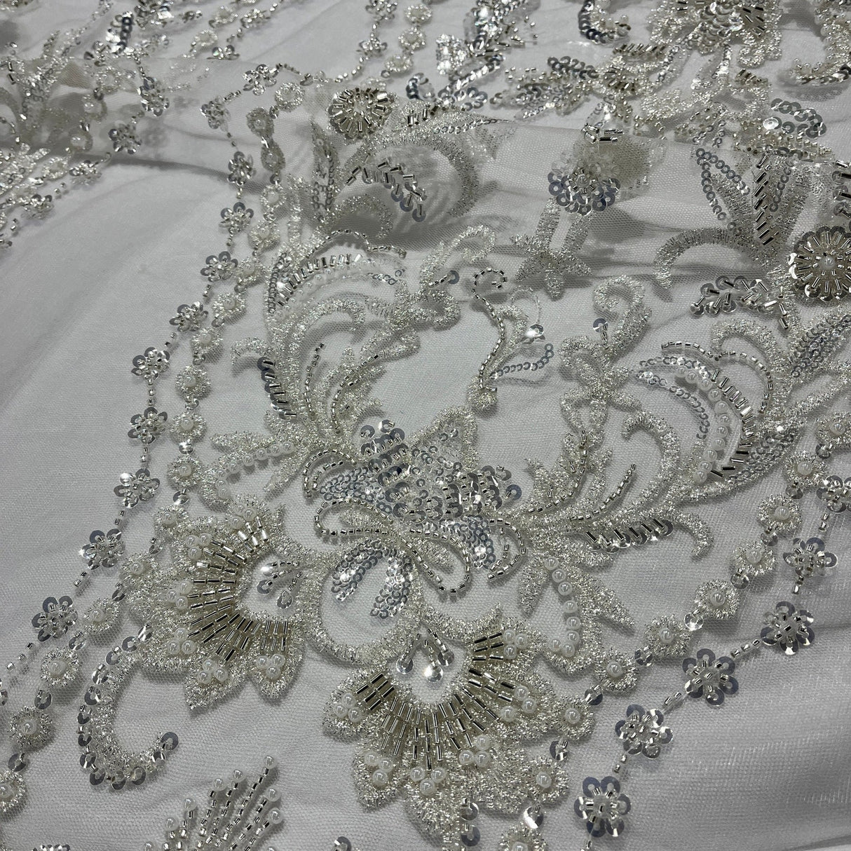 1 Yard Elegant Beaded Lace Fabric Embroidered on Polyester Net Mesh Luxury Couture & Bridal Design 50" Wide