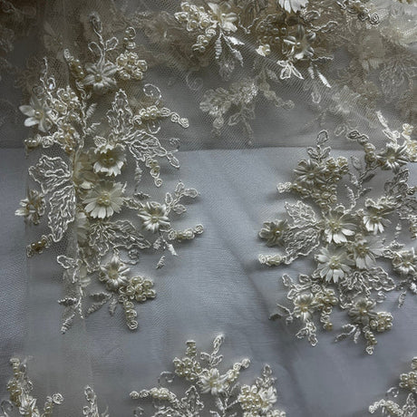1 Yard Beaded 3D Floral Lace Fabric Embroidered 100 Percent Polyester Net Mesh 50 inch Width
