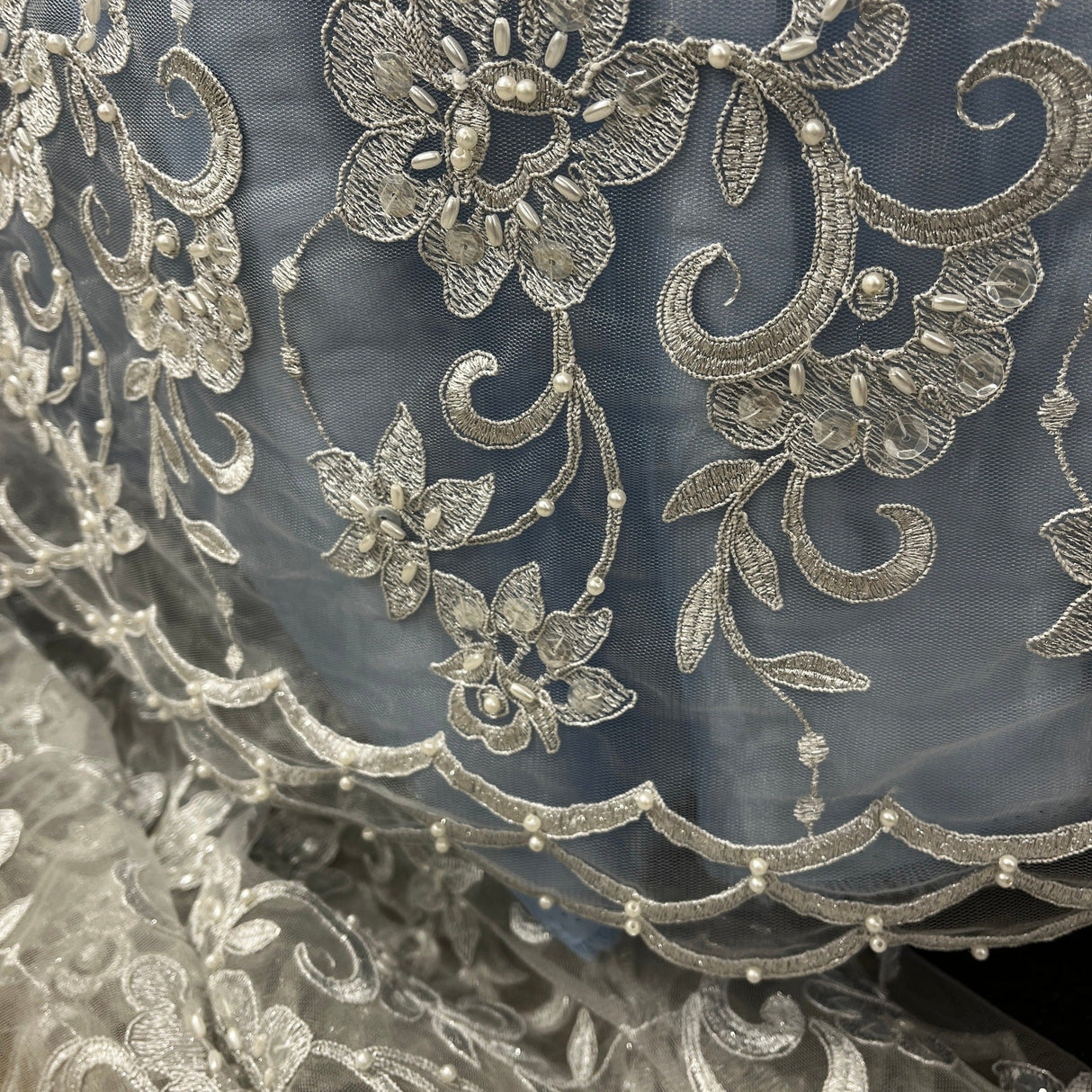 Beaded Corded Bridal Lace Silver