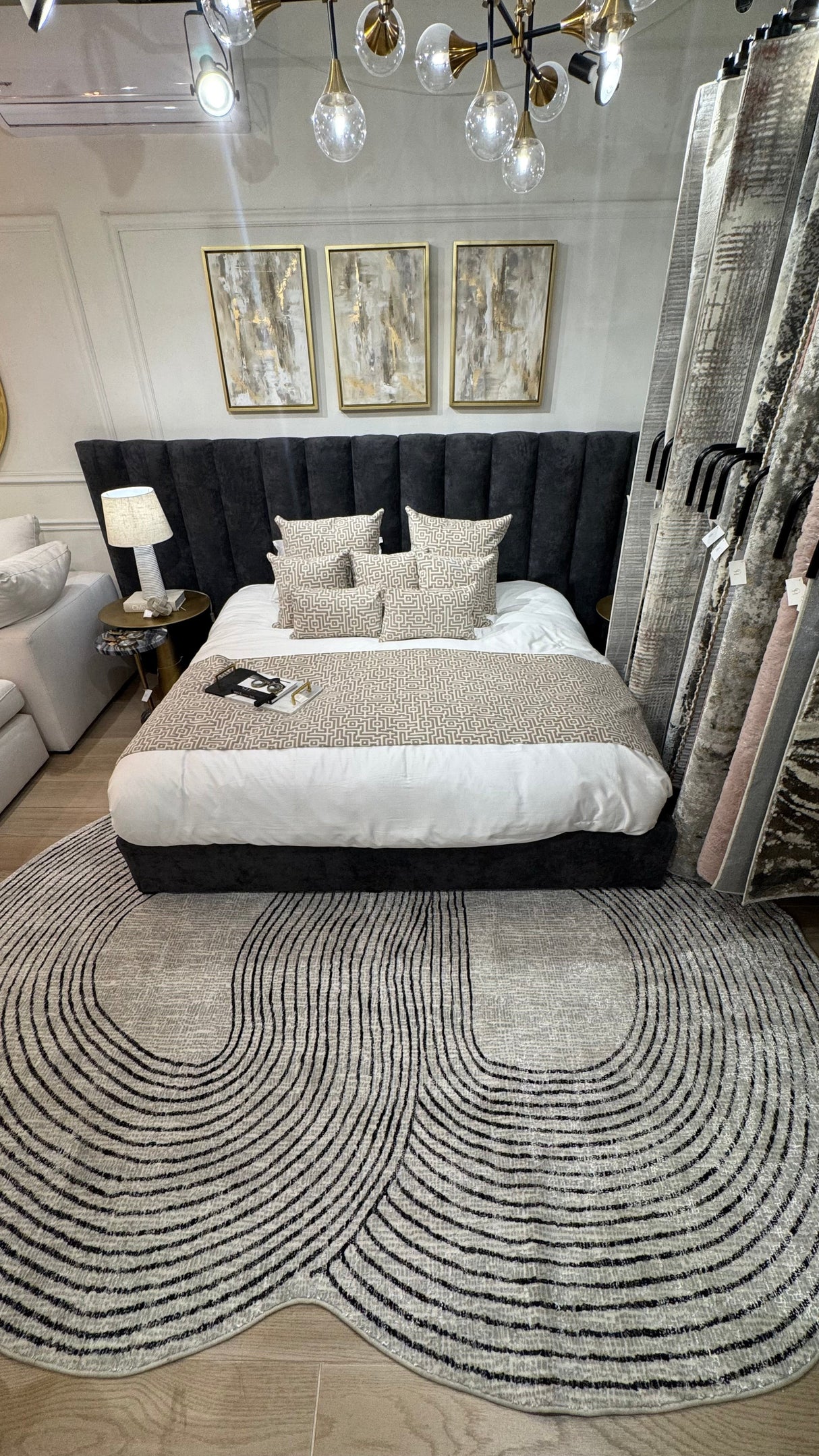 Z328A Polyester Fabric - Cream Sheen Rug With Black, Copper & Silver Touches, Novelty Cut Design (1 Unit)