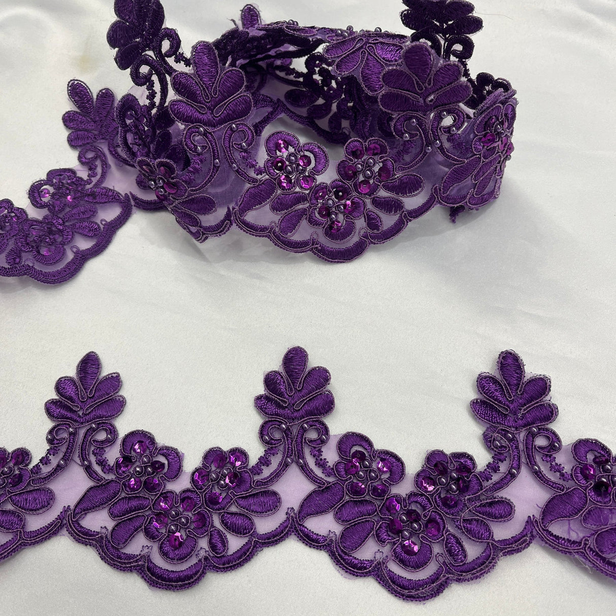 1 Yard Beaded & Corded Embroidered Lace Trim 3" Wide 100% Polyester for Bridal & Evening Dresses