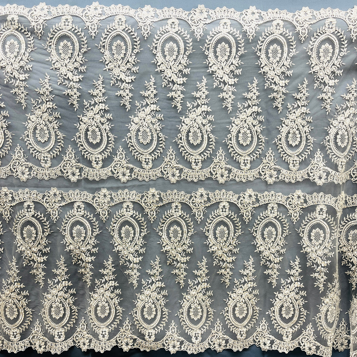 Beaded Corded Lace Mesh White