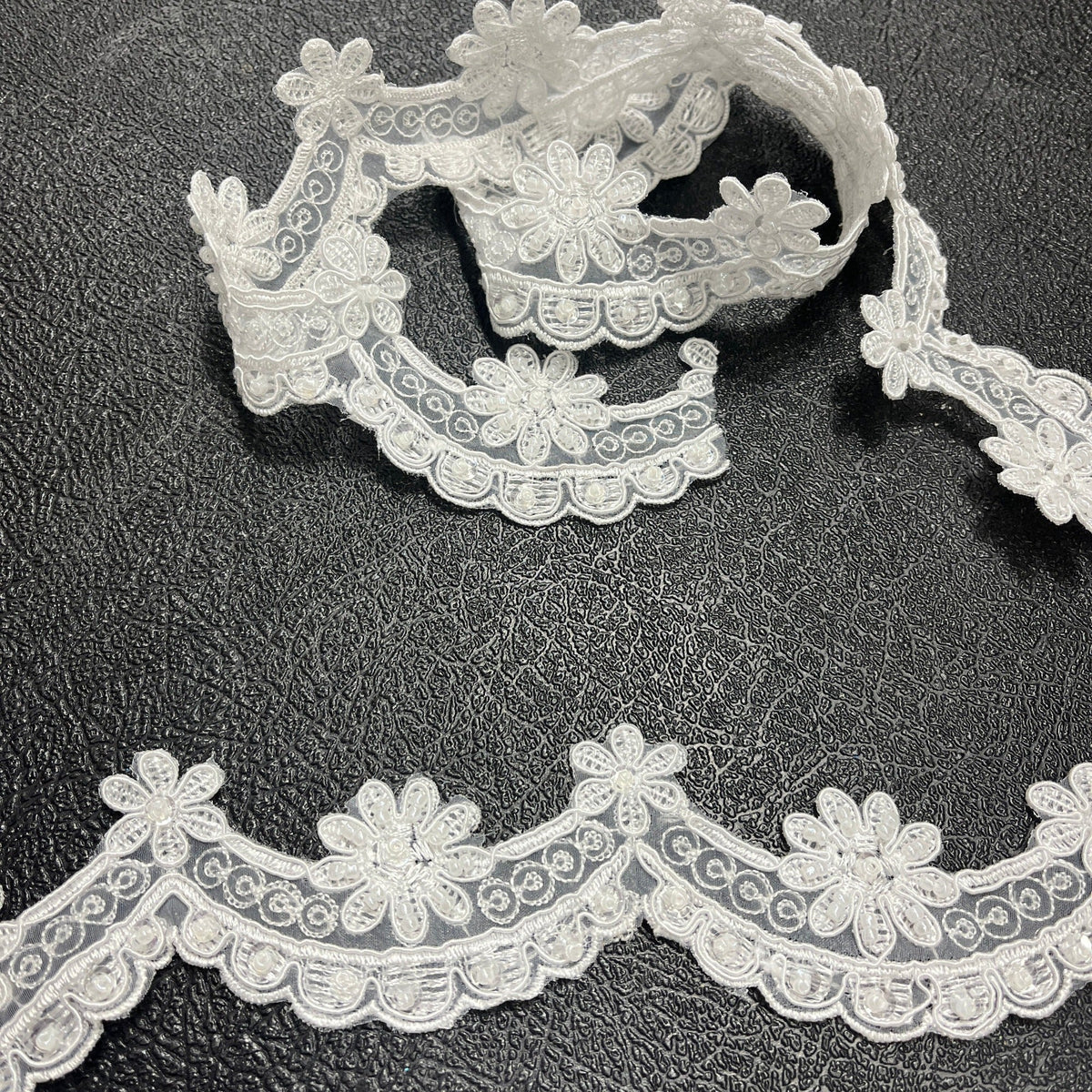 1 Yard Elegant Beaded & Corded Lace Trim on Polyester Net Mesh, 96761N-BP