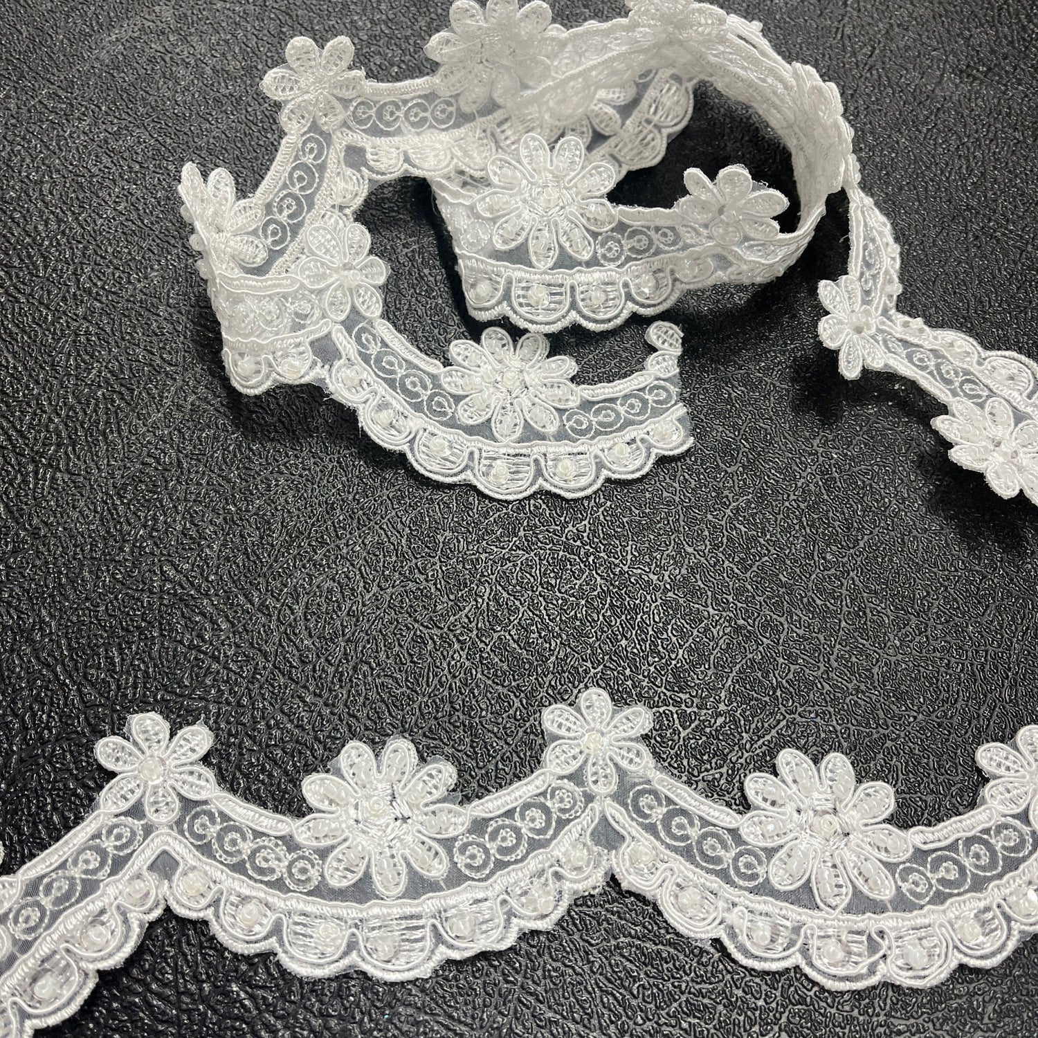 1 Yard Beaded & Corded Lace Trimming on Net Mesh – 1.75" Wide | Embroidered Decorative Lace for Dresses & Costumes