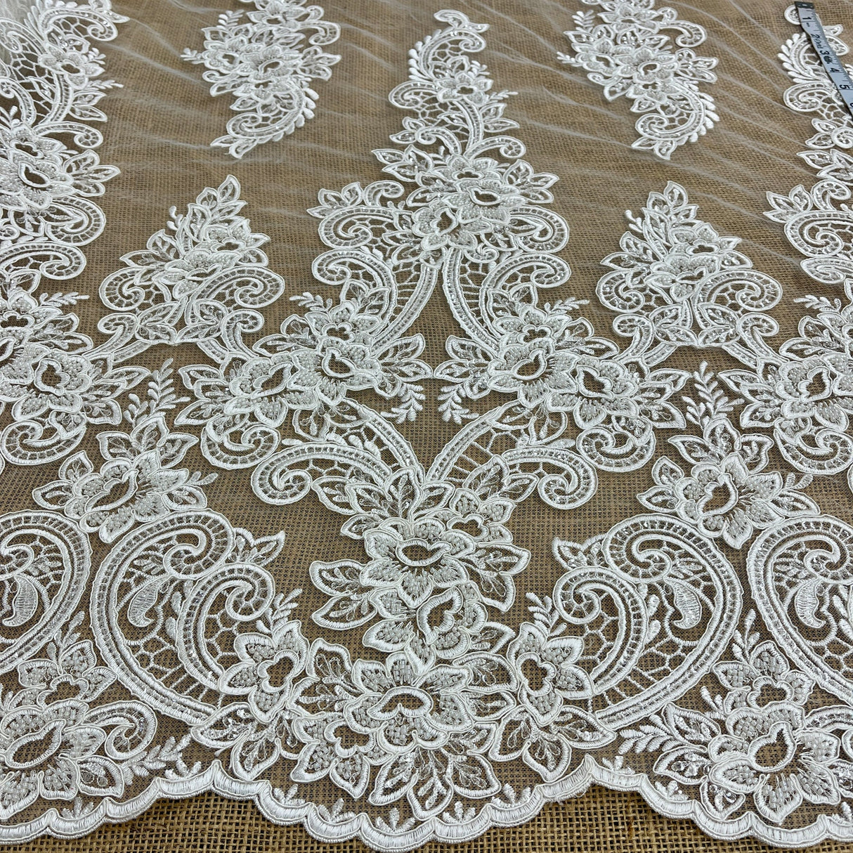 1 Yard Exquisite Beaded & Corded Bridal Lace Fabric Embroidered on Polyester Net Mesh Elegant Couture Quality 54" Wide
