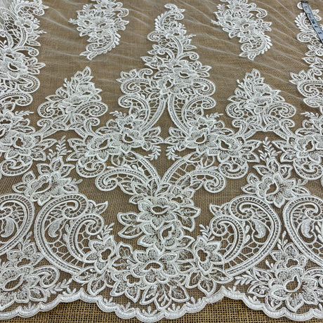 1 Yard Exquisite Beaded & Corded Bridal Lace Fabric Embroidered on Polyester Net Mesh Elegant Couture Quality 54" Wide