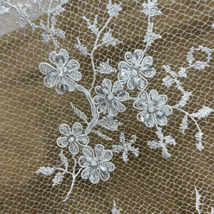 1 Yard Exquisite Hand Beaded Lace Fabric Embroidered on 100% Polyester Net Mesh White