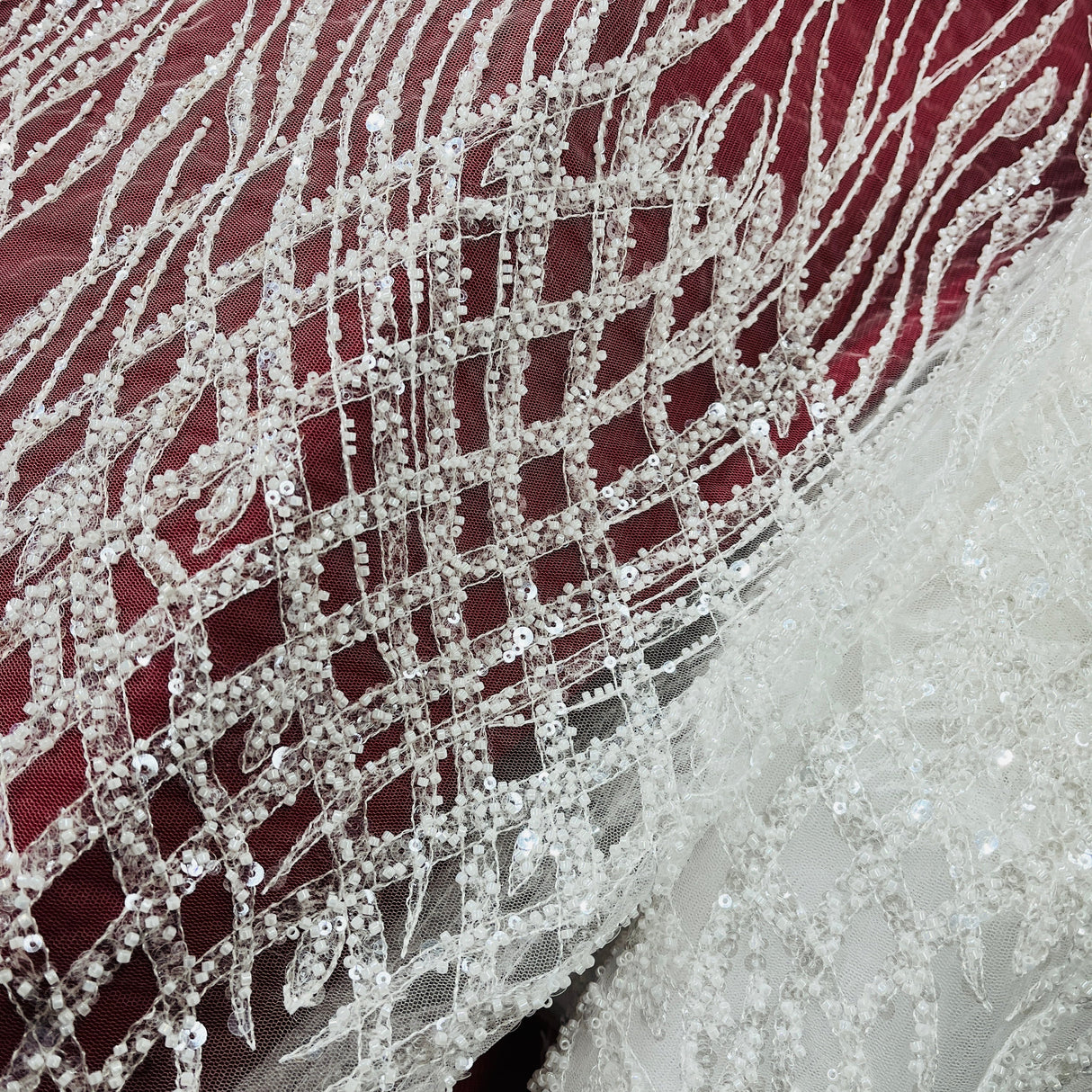 Beaded Lace Fabric on Polyester Net Mesh