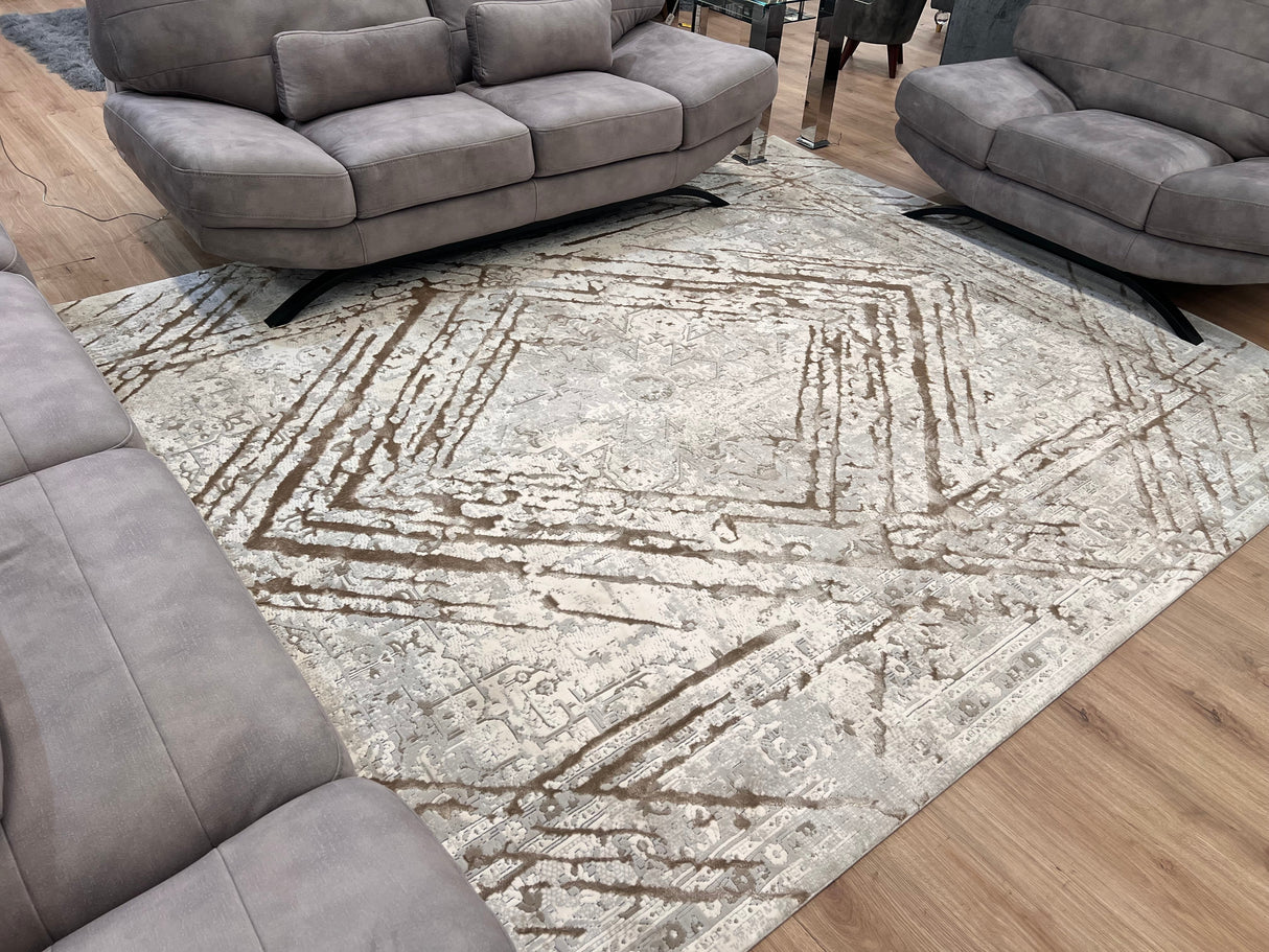 METZ 4206 Polyester Viscose Area Rug - Taupe Geometric Tone-To-Tone Mocha High-Low Pattern, 9' 8" X 13' (1 Rug)