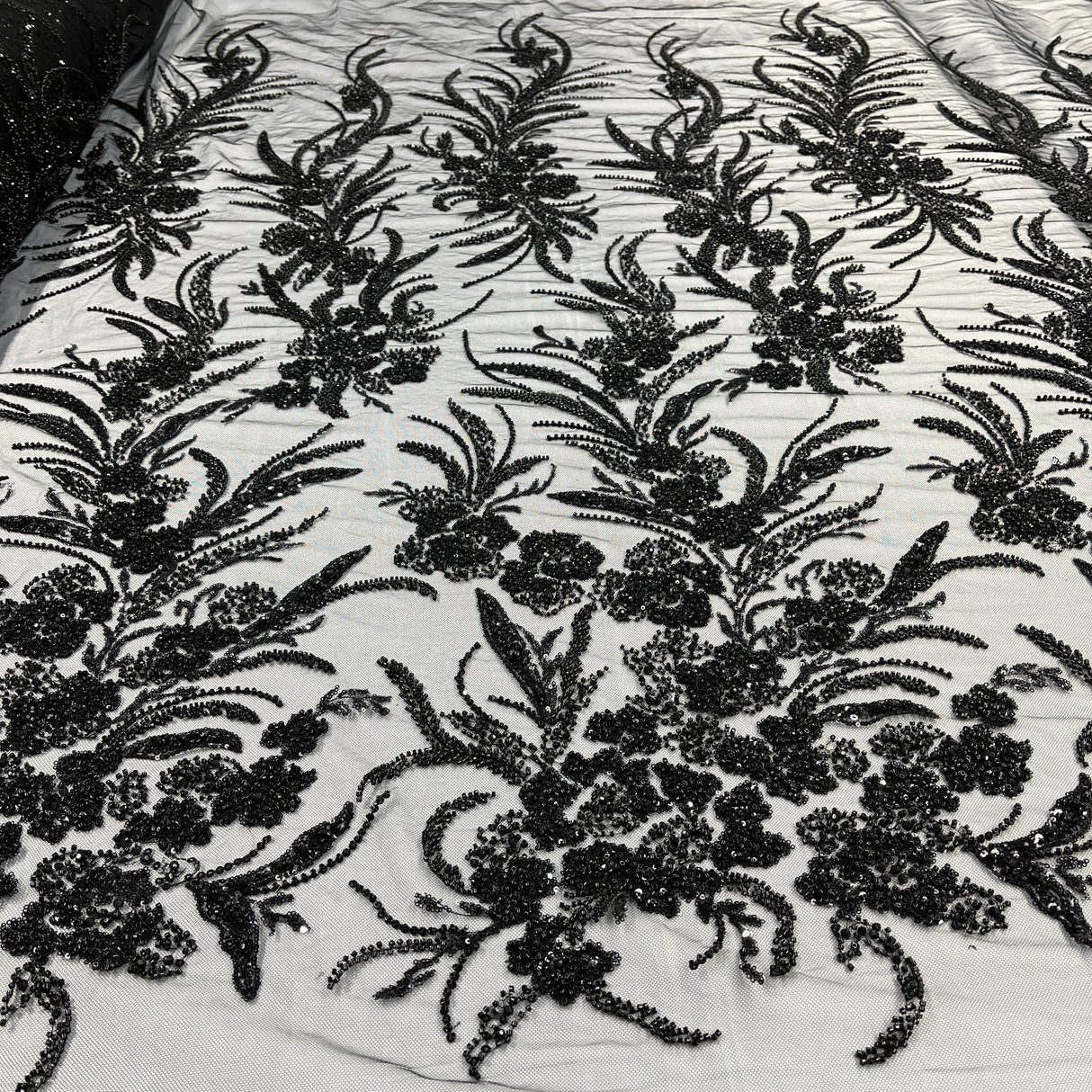Beaded Lace Fabric Embroidered On 100 Percent Polyester Net Mesh - Lt. Blue, Ice Blue, Champagne, Nude, 50" Width (1 Yard)