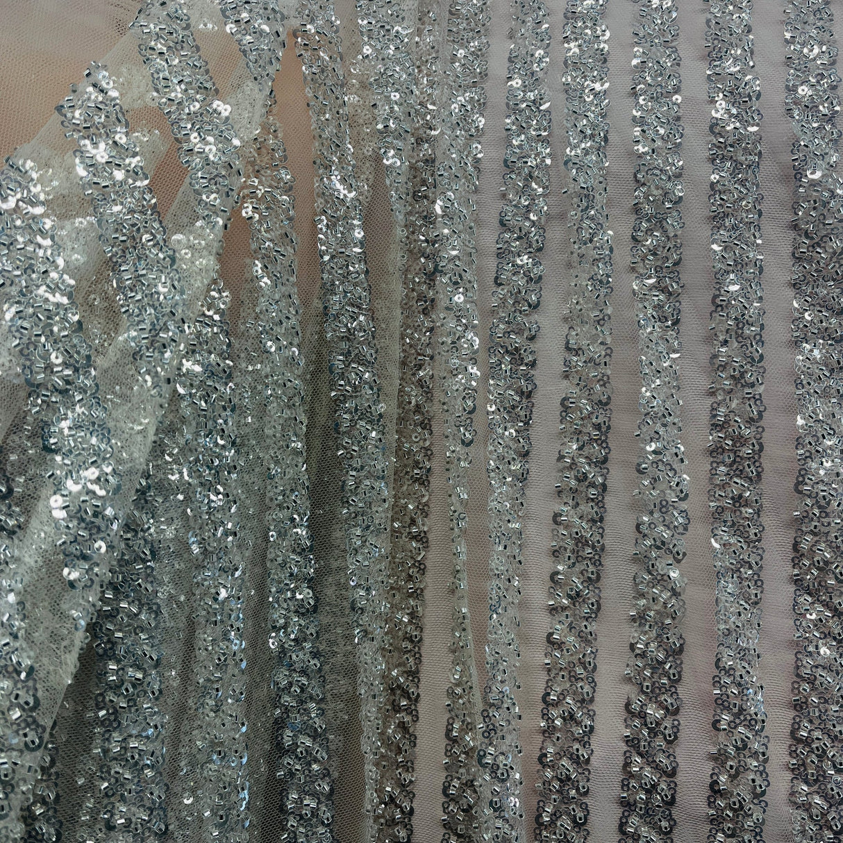 1 Yard Blush Beaded Lace Embroidered Fabric on Polyester Mesh, 54" Wide,