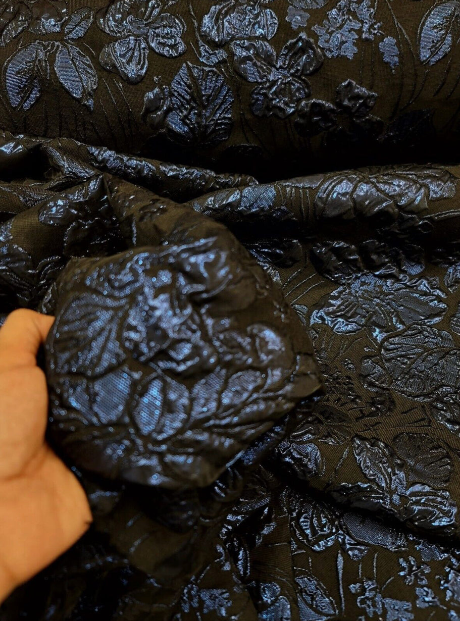 Brocade Jacquard Navy Blue Metallic Floral