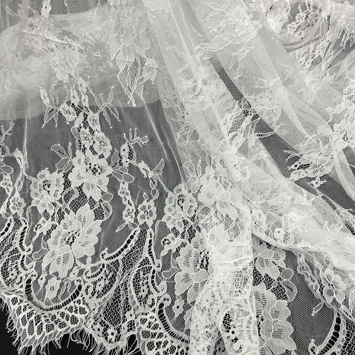Embroidered Chantilly Lace Fabric with Eyelash Scallop