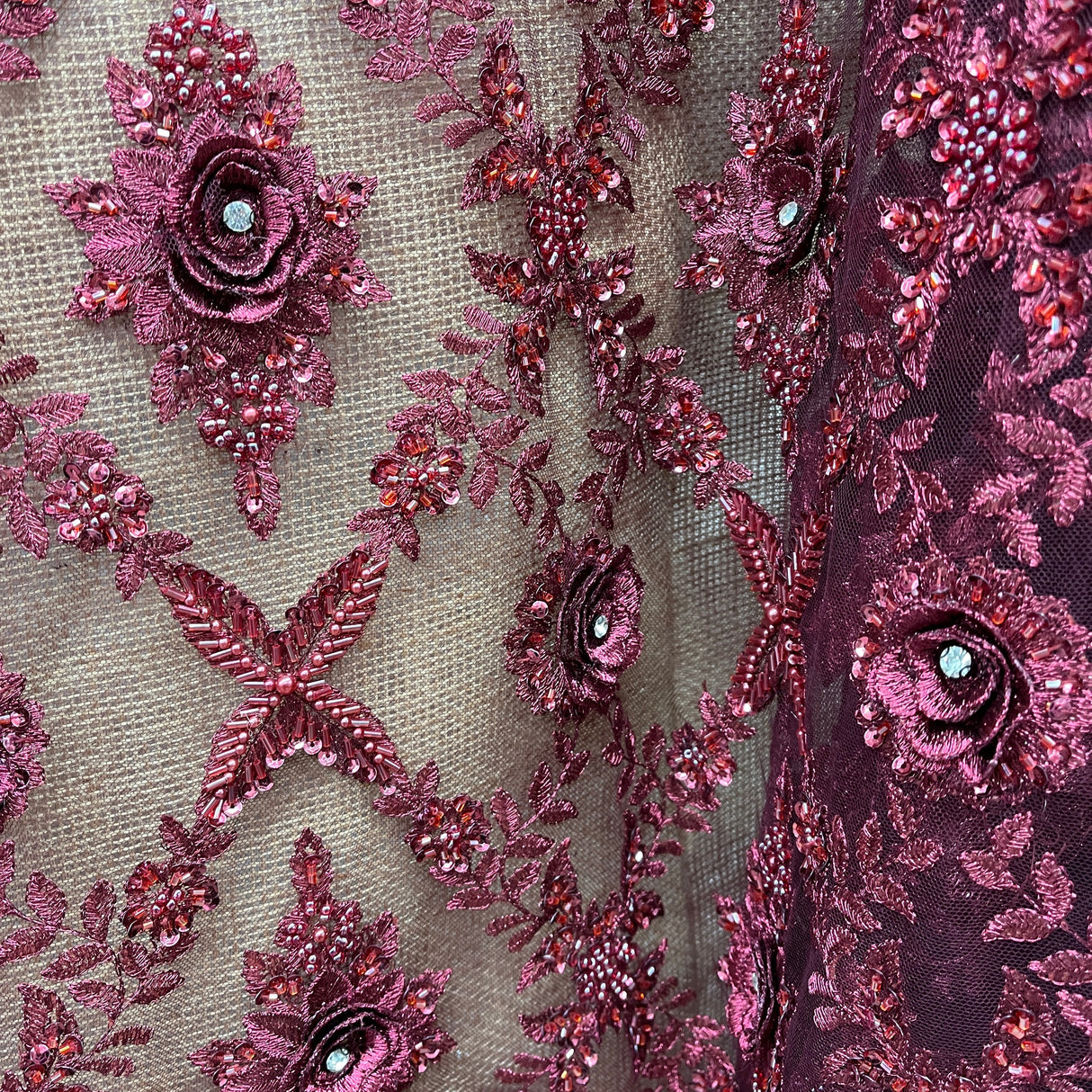 Beaded 3D Floral Lace Fabric