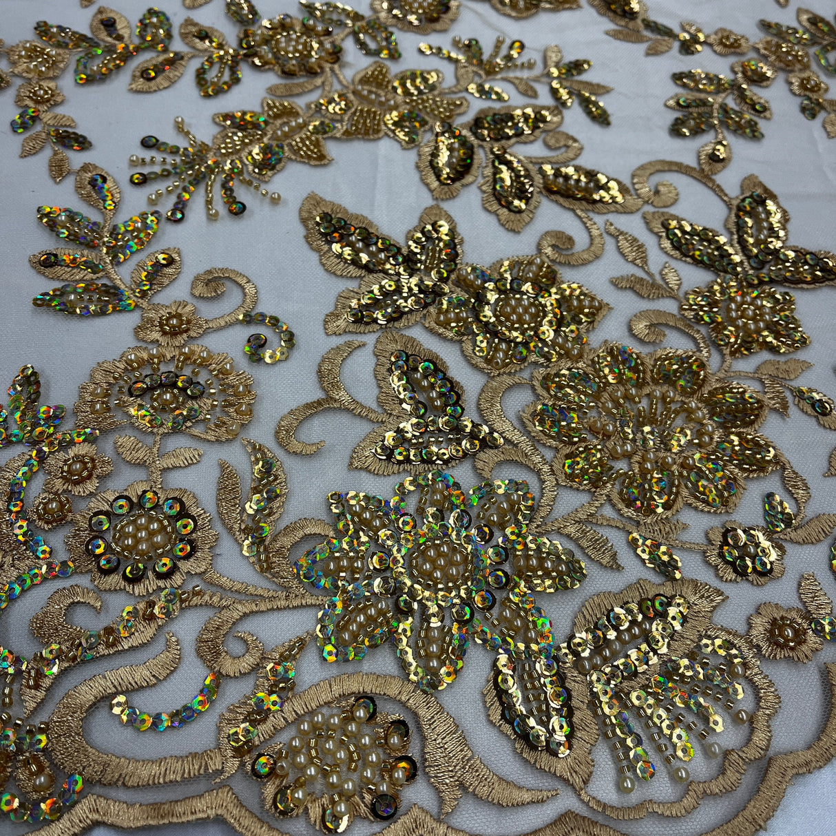 Beaded Sequined Floral Lace Fabric
