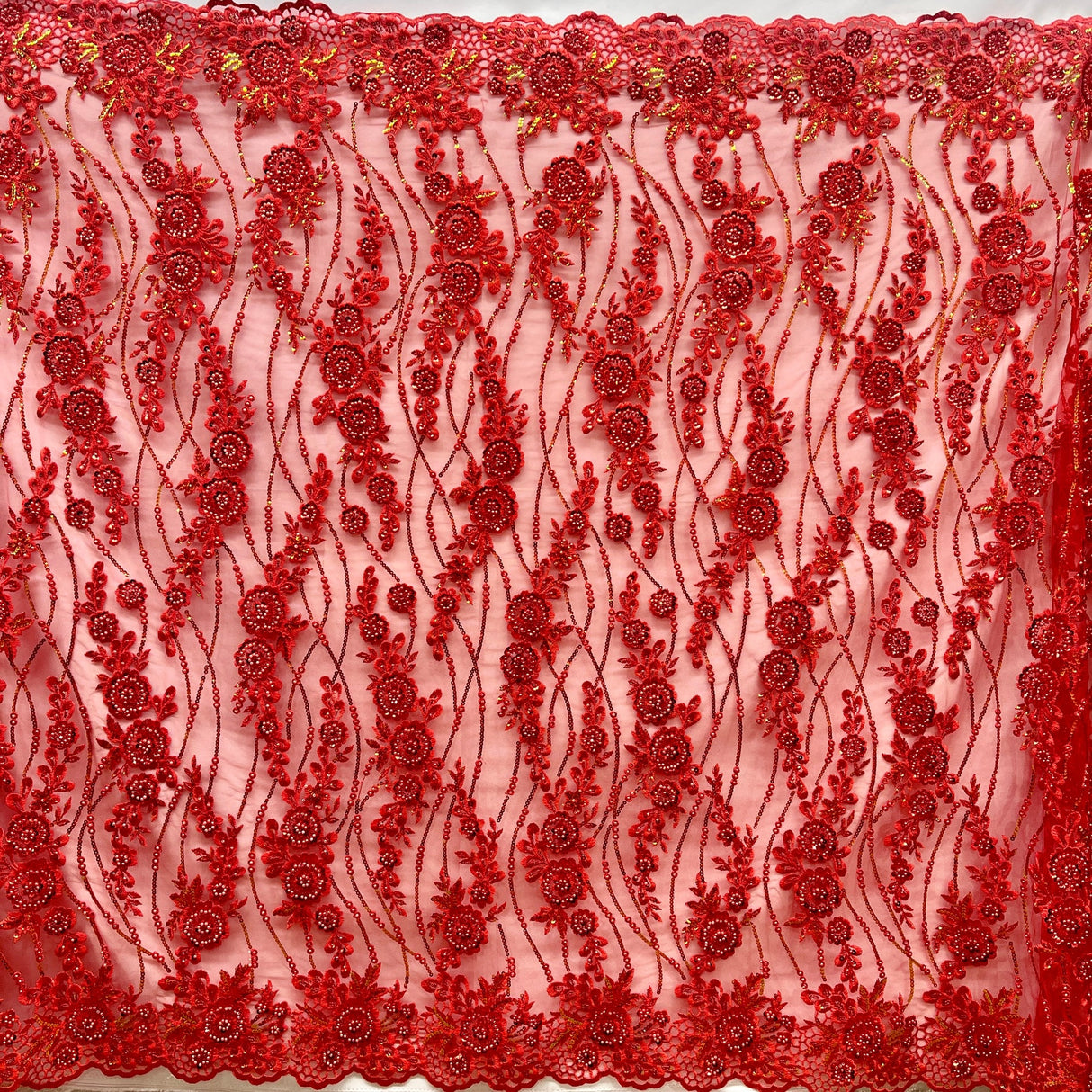 1 Yard Glamorous Rust Beaded Sequined Floral Lace Fabric on Net Mesh 53 inch Width