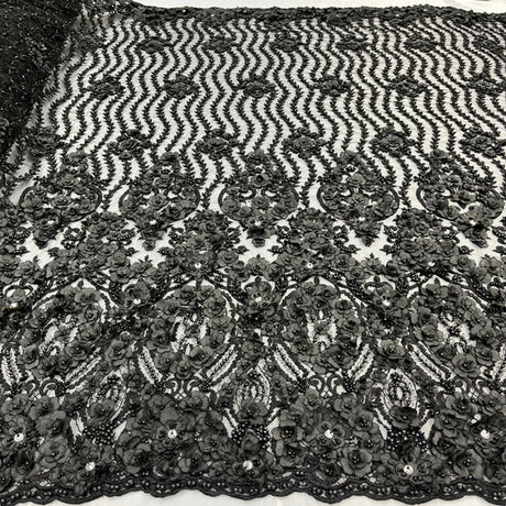 1 Yard Beaded 3D Floral Lace Fabric Embroidered 100 Percent Polyester Net Mesh 48 inch Width