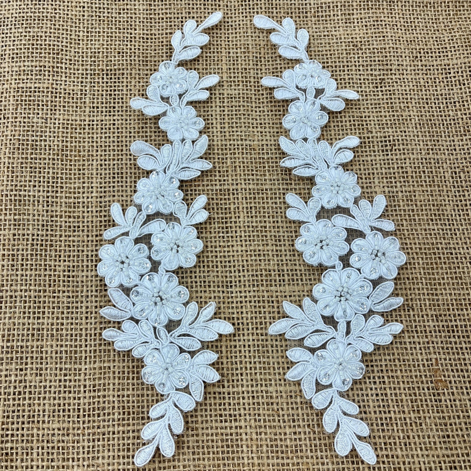 1 Pair 9.5" x 2" Each Side Beaded & Corded Floral Lace Applique Embroidered on 100% Polyester Net Mesh