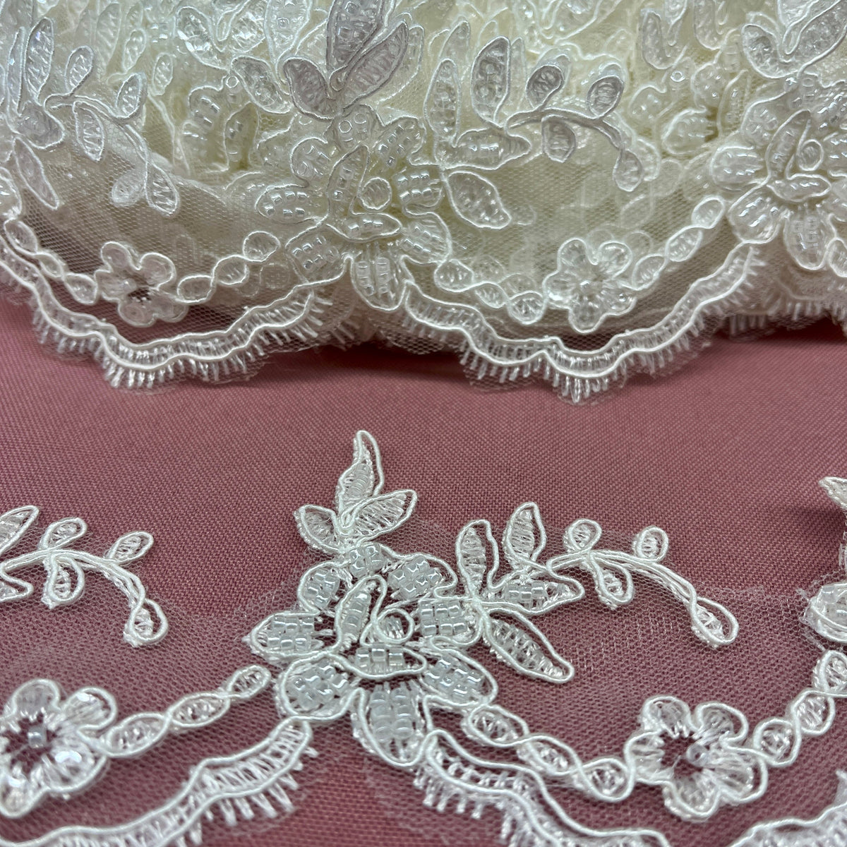1 Yard Beaded & Corded Lace Trimming on 100% Polyester Net Mesh, Elegant Embroidered Design