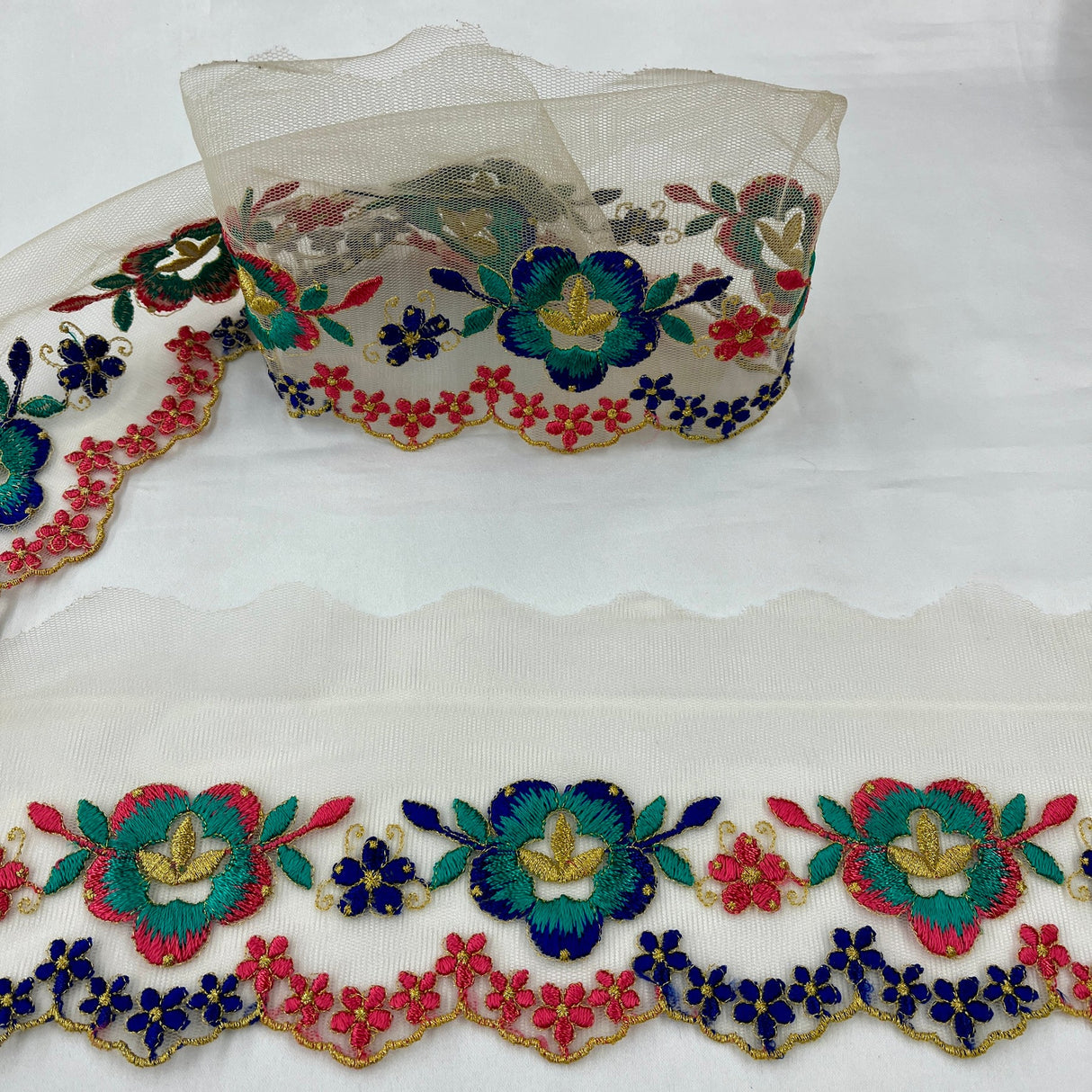 1 Yard Colorful Floral Lace Trimming on Net Mesh – 2.5" Wide | Handmade Embroidered Trim for Dresses & Costumes