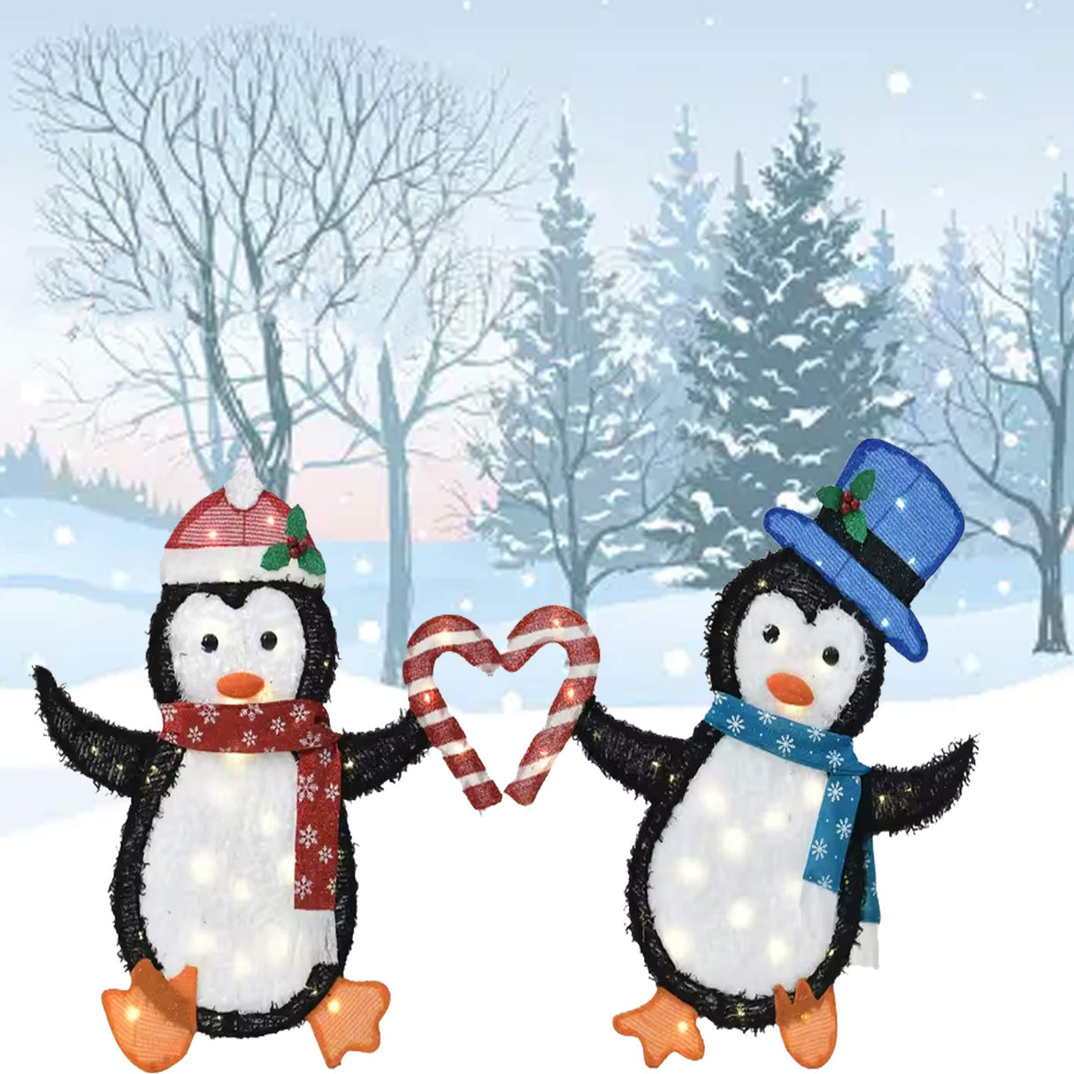 Set of Two Heart-Shaped Penguins Decorative Figurines Indoor Outdoor 30" & 32"H