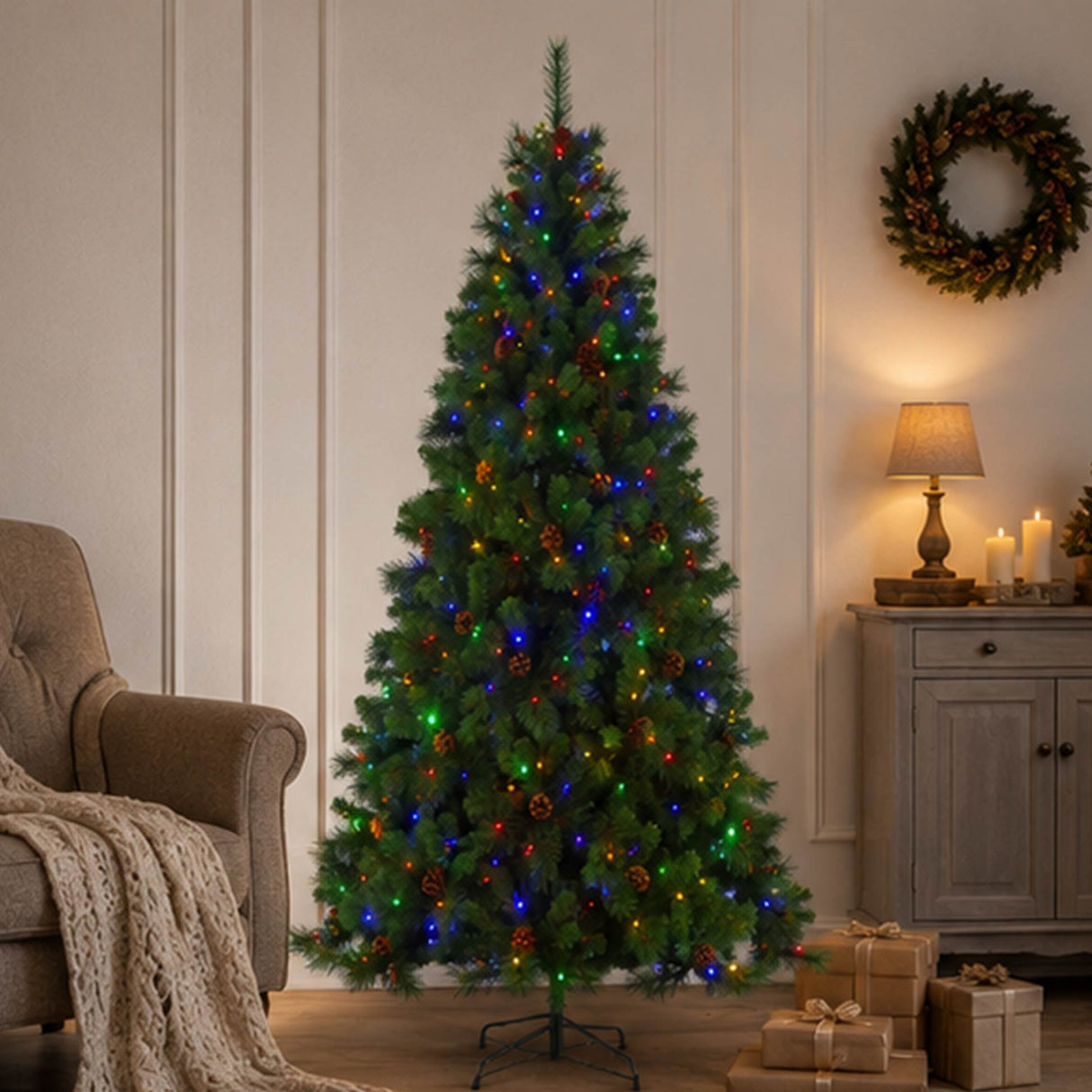 7.5FT Pre Lit Christmas Tree Warm White Pinecones LED