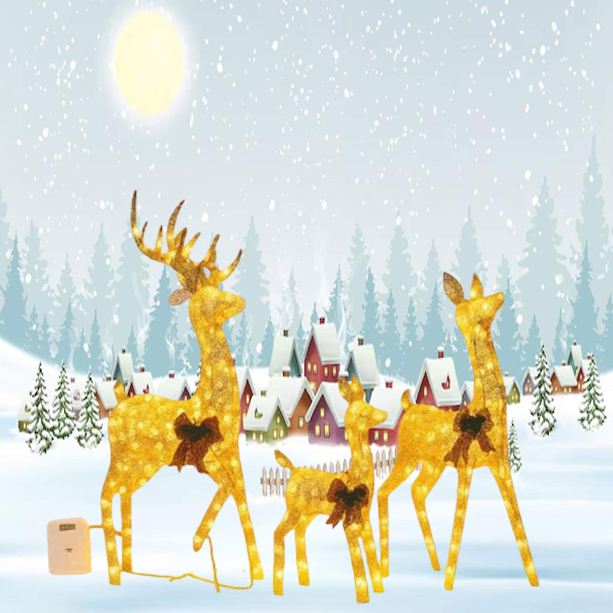 Champagne Cotton Thread Set of Three Deer 60" 48" 32" Holiday Decor