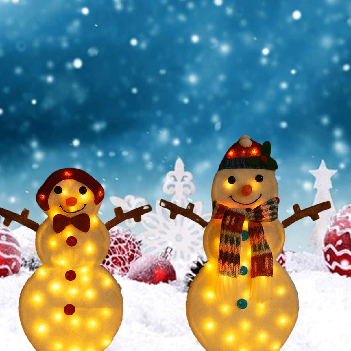 24 and 28 Inches Set of Two Light Up Snowmen Indoor Outdoor Decor