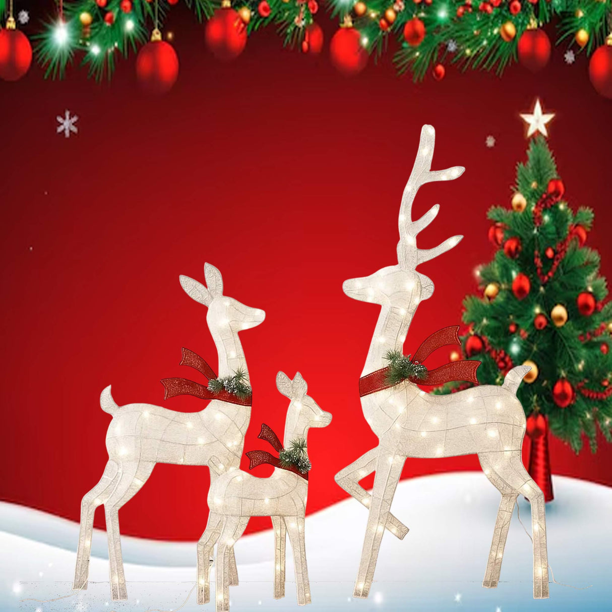 Elegant Lighted Deer Family Set with White Thread for Holiday Decor