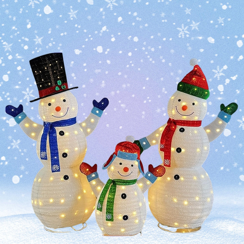 Joyful Lighted Snowman Family Set with Plush Lanterns for Holiday Decor