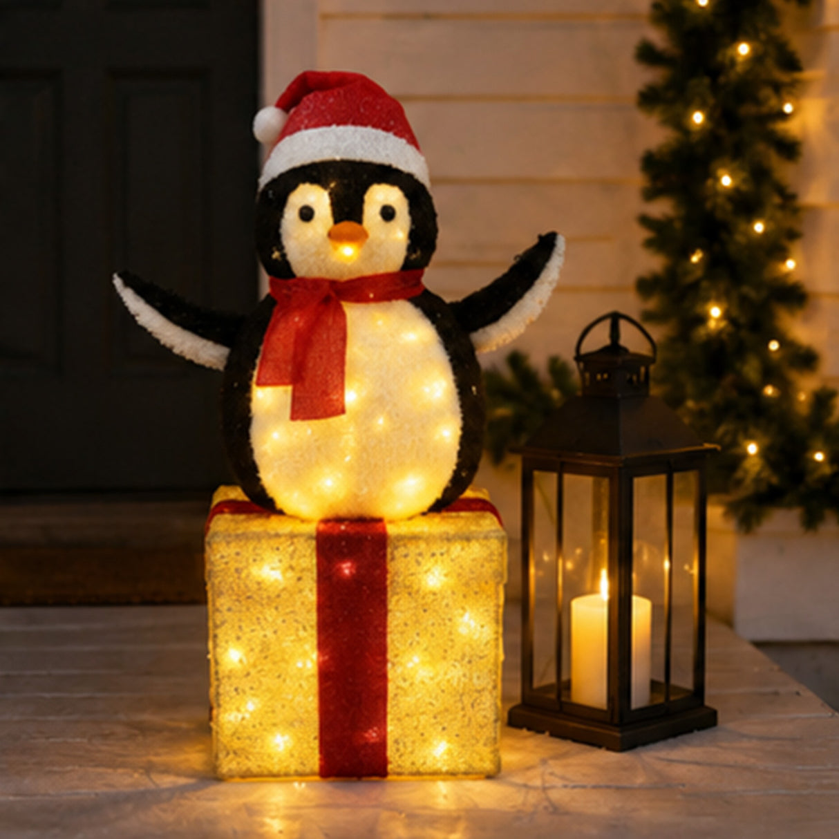 Lighted Penguin Gift Box Christmas Yard Decoration
