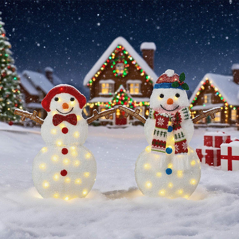 Set of 2 Snowmen with Warm White Cord Lights 24" & 28" Height