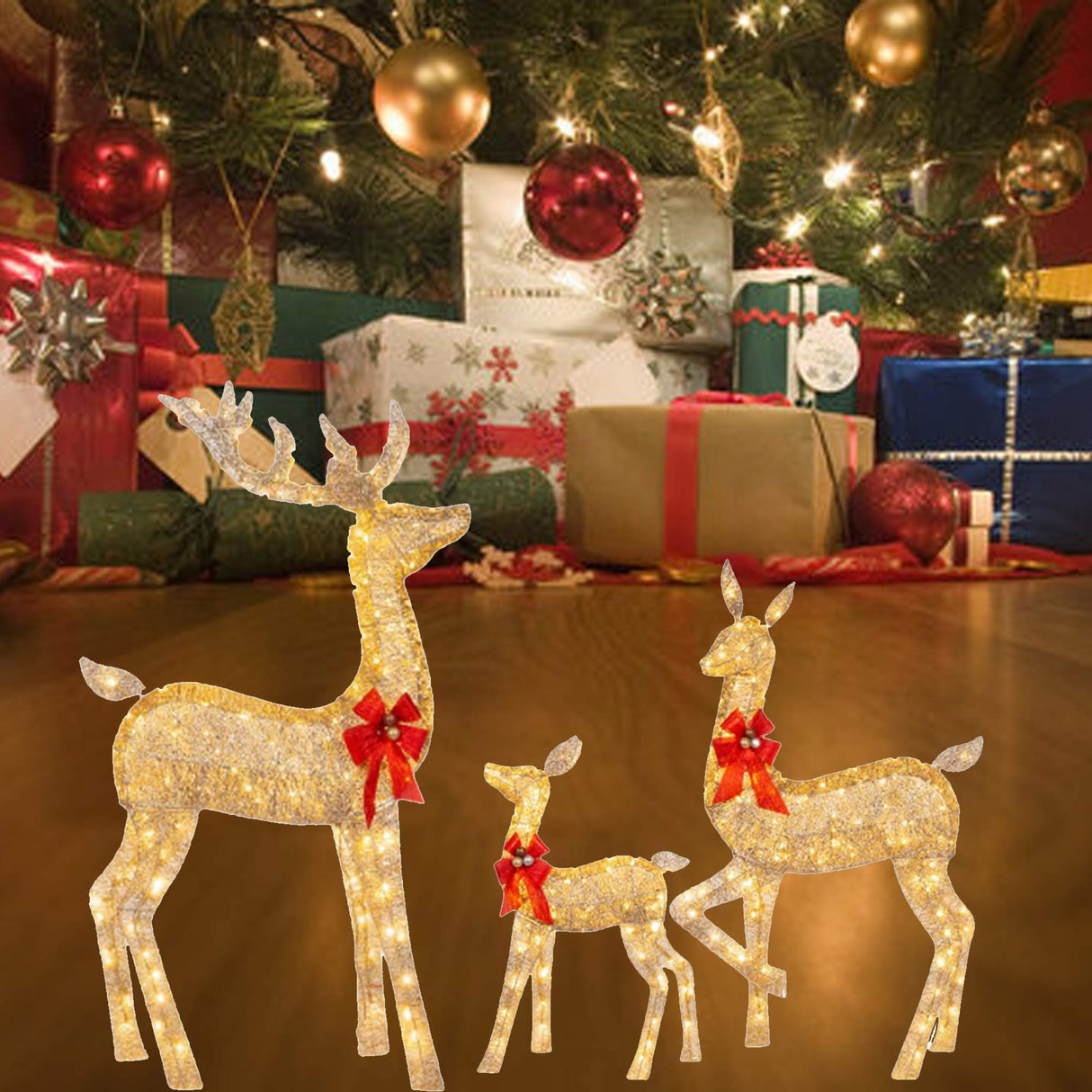 Elegant Champagne Rattan Deer Trio for Holiday Lawn and Entryway Displays 63" + 52" + 37"