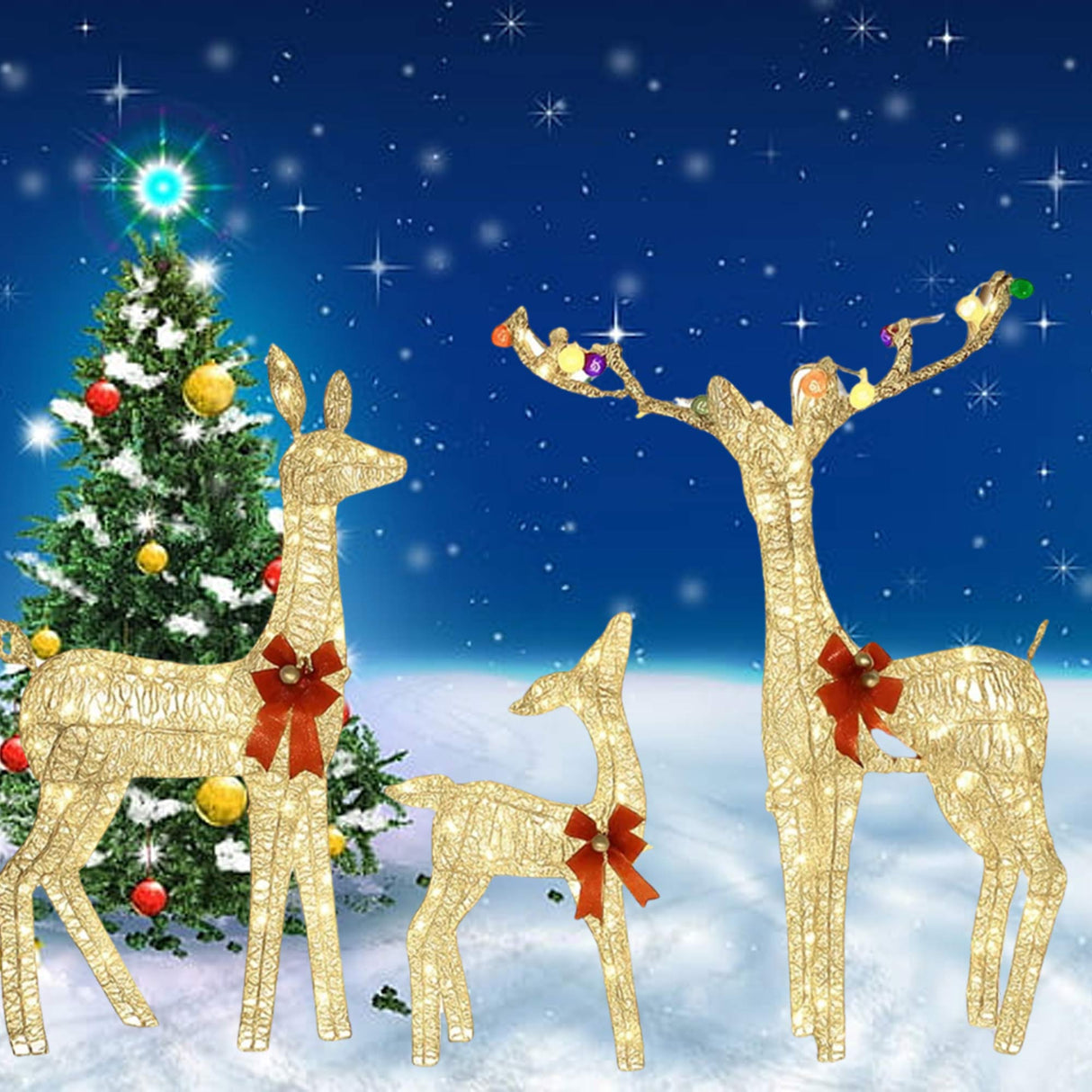 Prelit Outdoor Deer Family Trio with Iridescent PVC and Red Bows