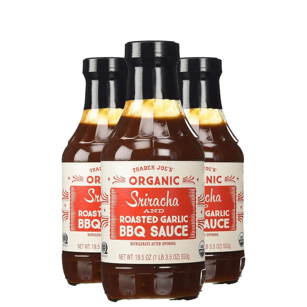 Trader Joe's Organic Sriracha and Roasted Garlic BBQ Sauce Bundle 19.5 Oz