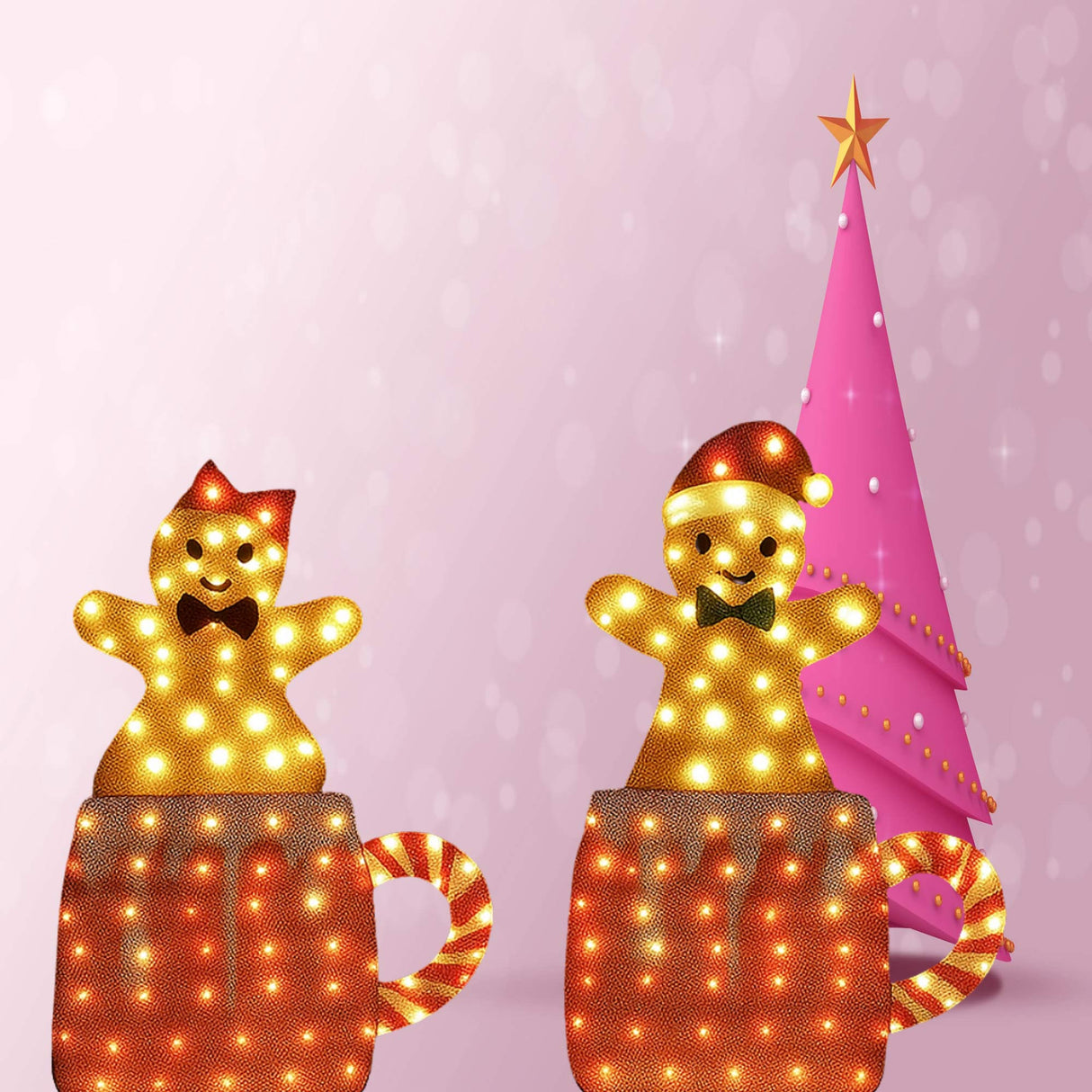 Set of Two Light Up Gingerbread Men in Holiday Mugs Christmas Decoration 40" & 42" Tall