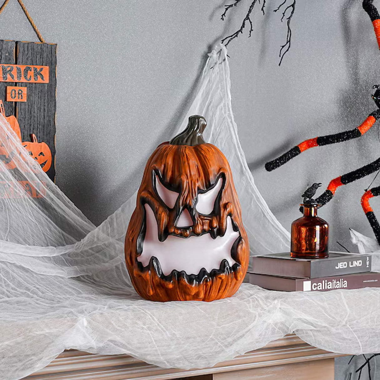 1 Feet Orange Glowing Scary Face Jack-o-Lantern Halloween Figurine with Light