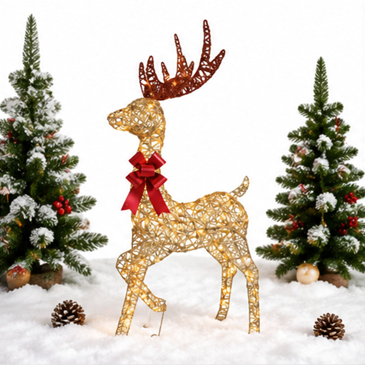48 Inch Champagne Wicker Reindeer Warm White LED Decor