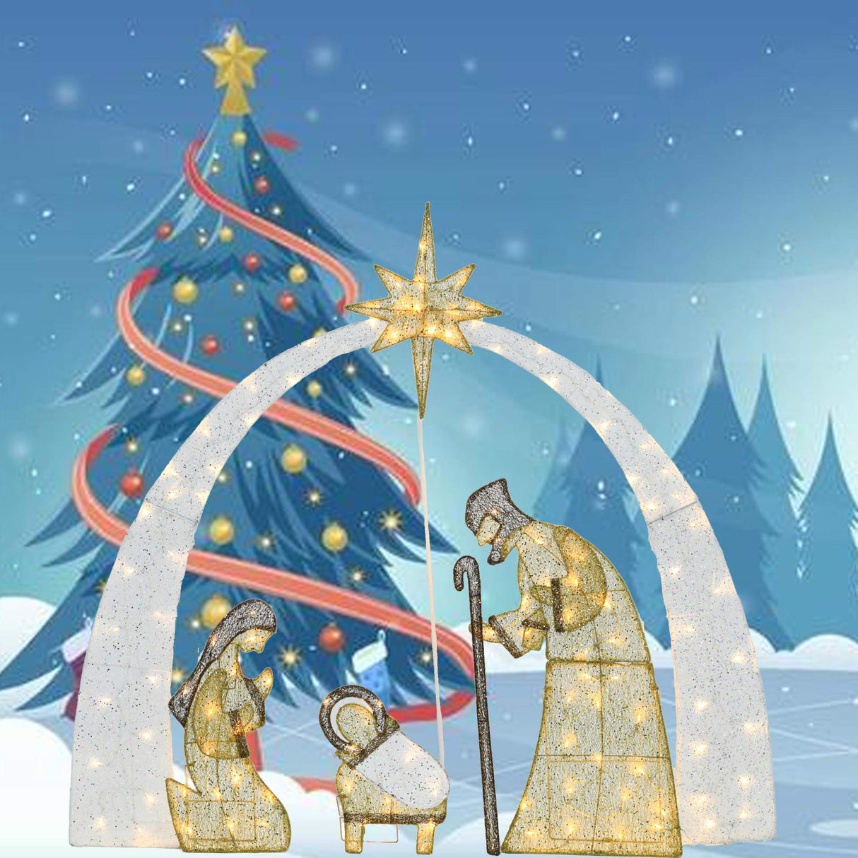 54"H Nativity Scene Christ Birth Pre-Lit Warm White LED Lights 115L Display