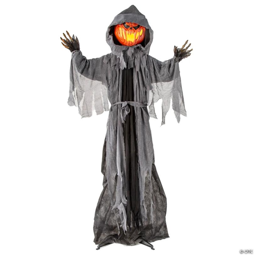 5 Ft 10 3/4" Animated Standing Light-Up Pumpkin Man in Hooded Cloak Halloween Decoration