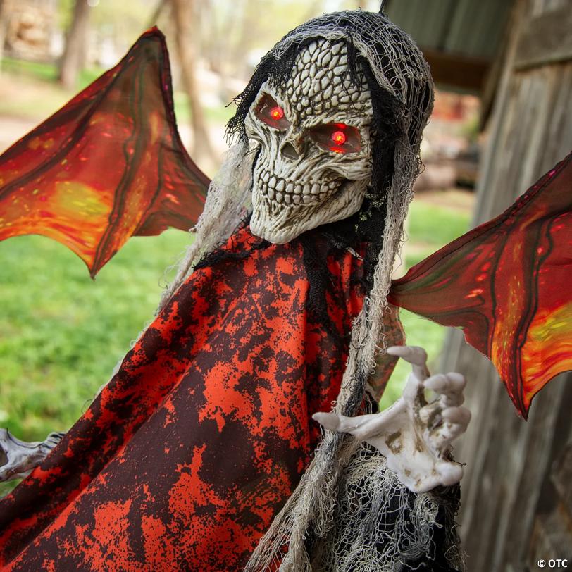 5 Ft. 1/4" Hanging Light-Up Red Skeletal Reaper with Wings Animated Halloween Decoration